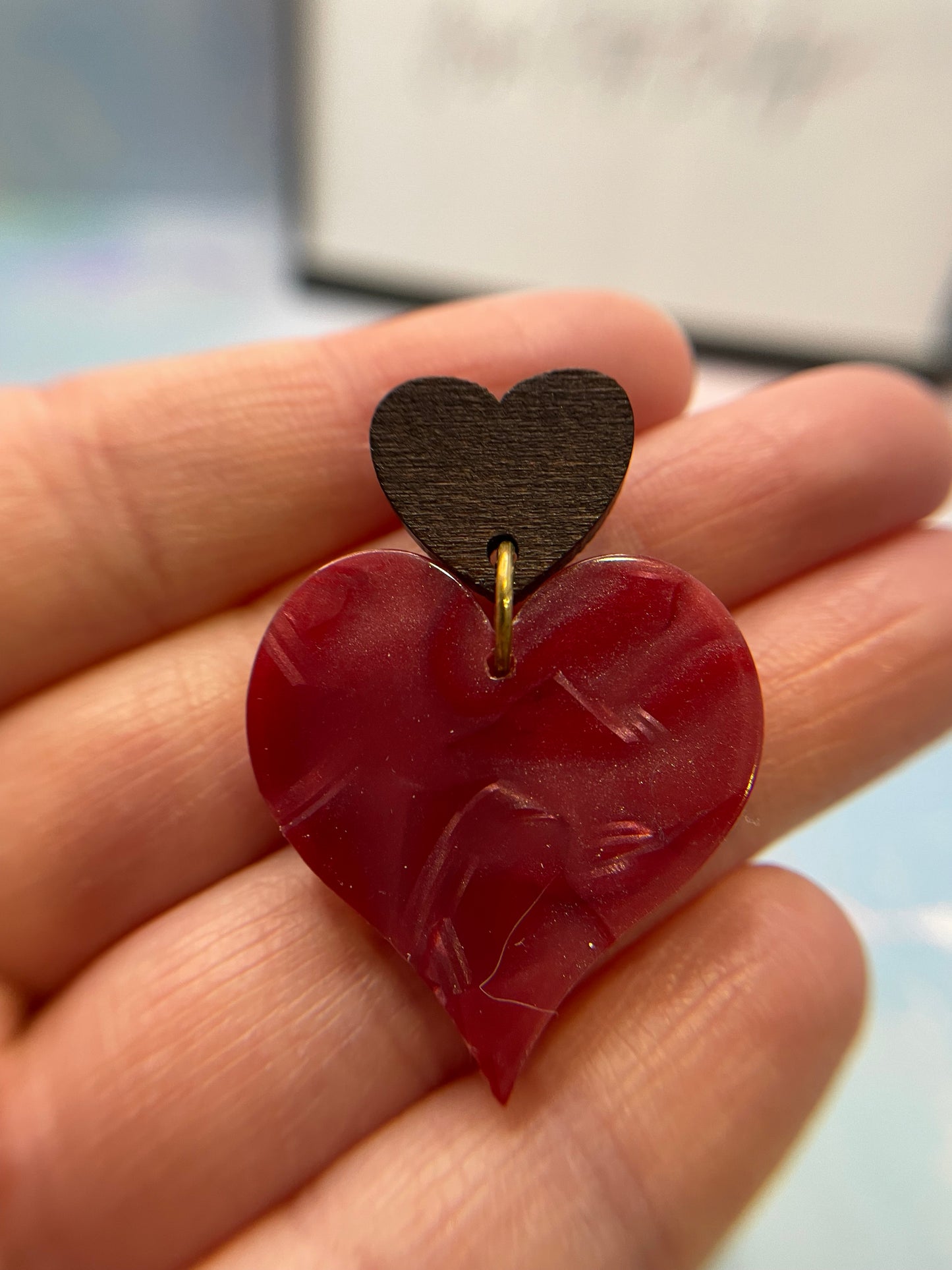 Acrylic Acetate Heart Earrings With Wood Stud