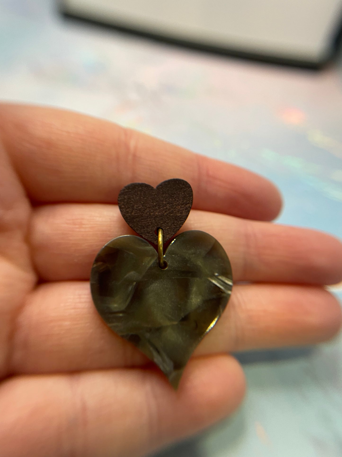 Acrylic Acetate Heart Earrings With Wood Stud
