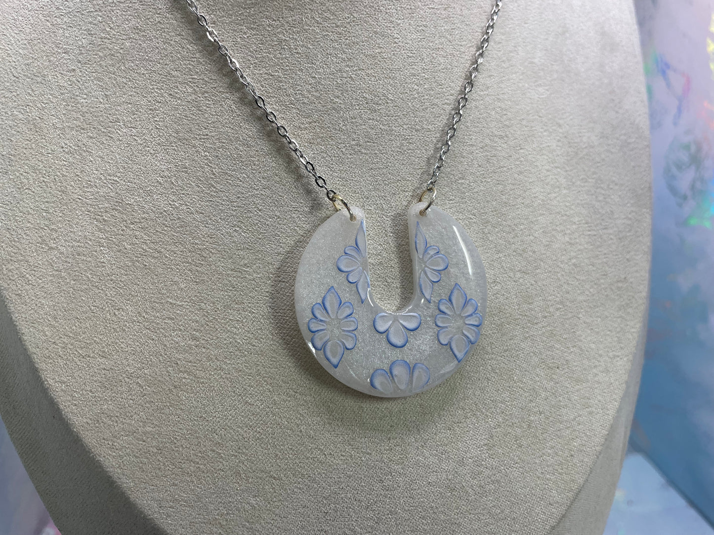 Blue & White Floral Crescent Necklace – Resin Statement Pendant Necklace | Elegant Handmade Floral Jewelry