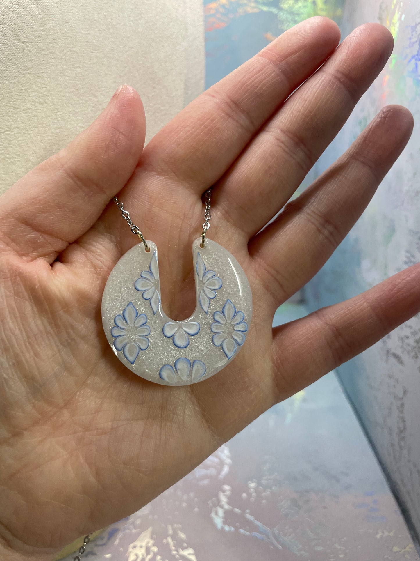Blue & White Floral Crescent Necklace – Resin Statement Pendant Necklace | Elegant Handmade Floral Jewelry