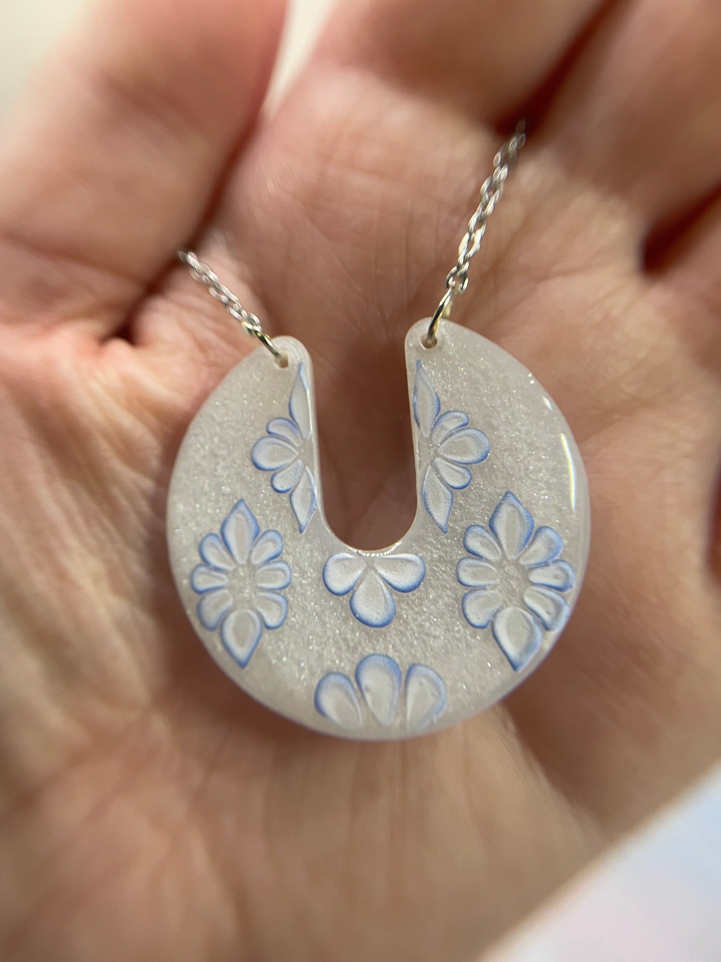 Blue & White Floral Crescent Necklace – Resin Statement Pendant Necklace | Elegant Handmade Floral Jewelry