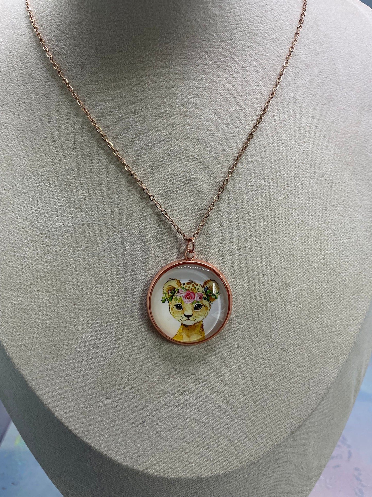 Collier Cabochon Portrait Animaux Couronne Floral -Cabochon Or Rose