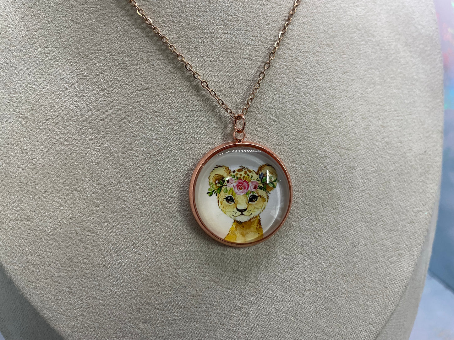 Collier Cabochon Portrait Animaux Couronne Floral -Cabochon Or Rose