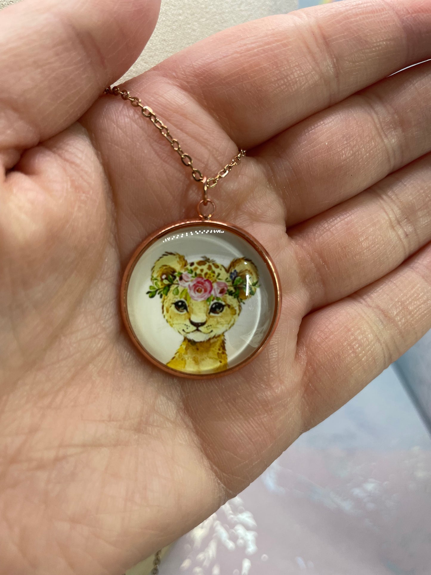Collier Cabochon Portrait Animaux Couronne Floral -Cabochon Or Rose