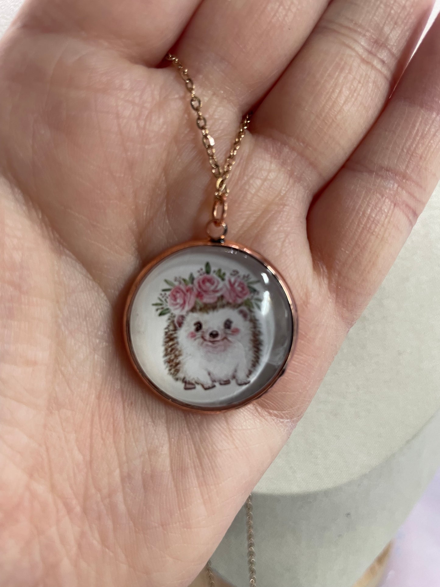 Collier Cabochon Portrait Animaux Couronne Floral -Cabochon Or Rose