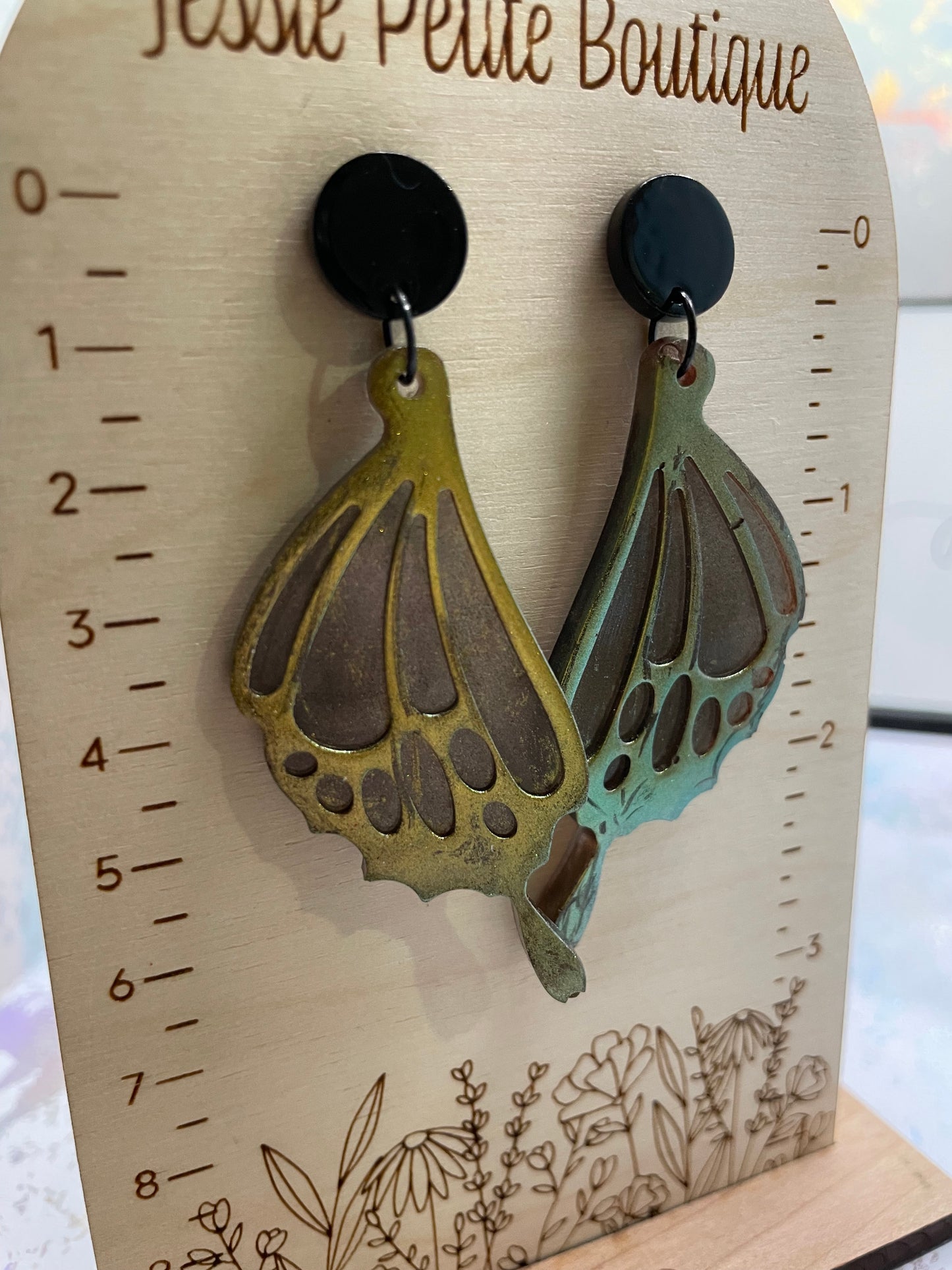 Boucles d'oreilles ailes de papillon vertes et noires -Sans nickel