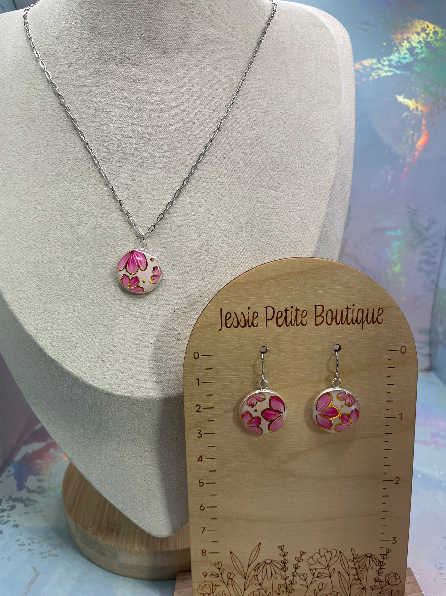 Ensemble bijoux pendentif rond floral rose