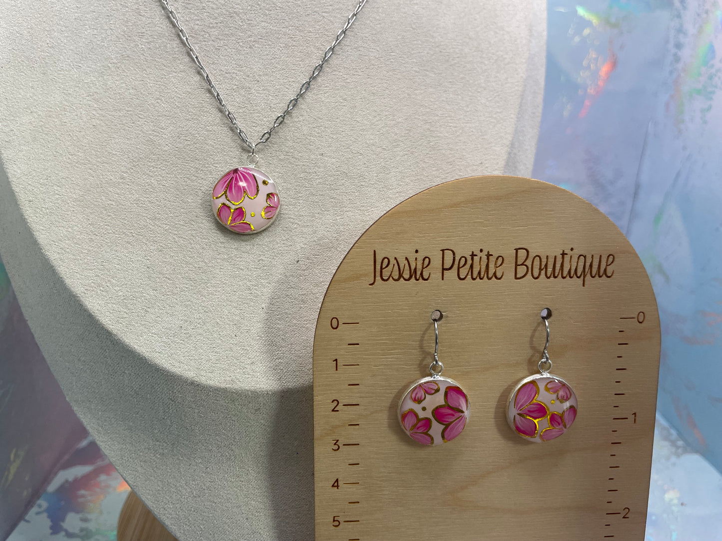 Ensemble bijoux pendentif rond floral rose