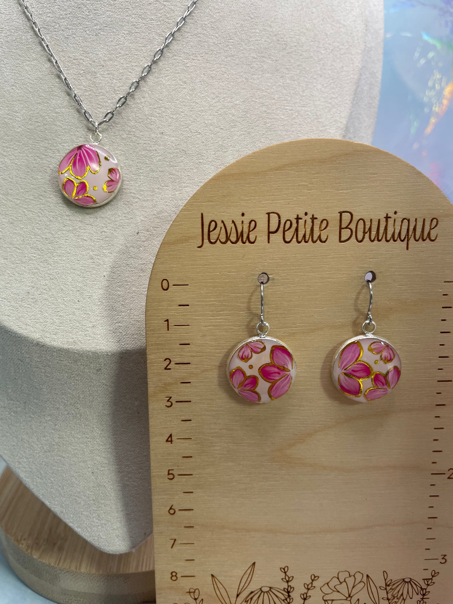 Ensemble bijoux pendentif rond floral rose