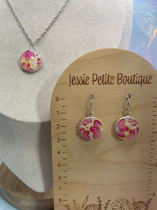 Pink Floral Round Pendant Jewelry Set