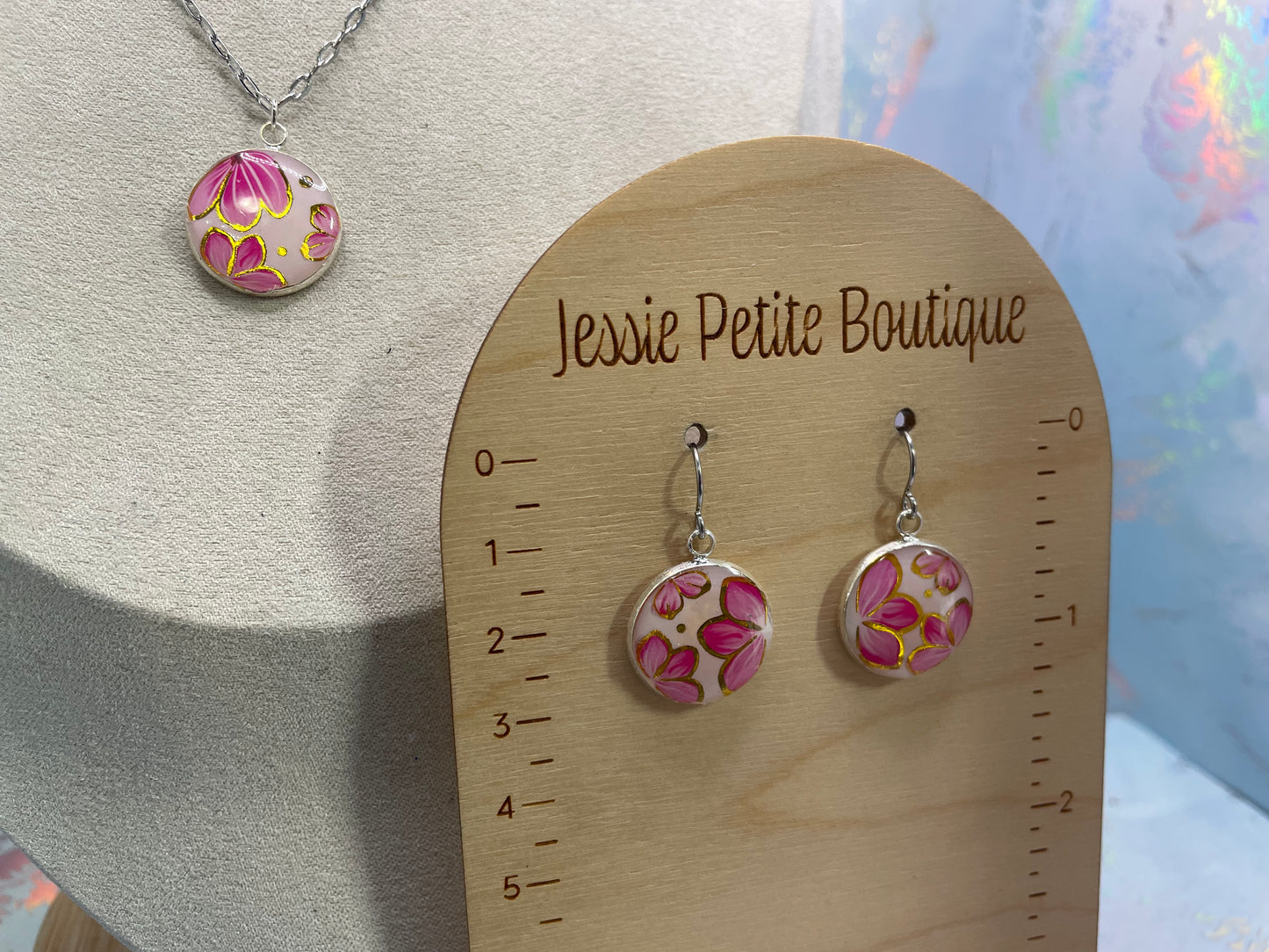 Ensemble bijoux pendentif rond floral rose