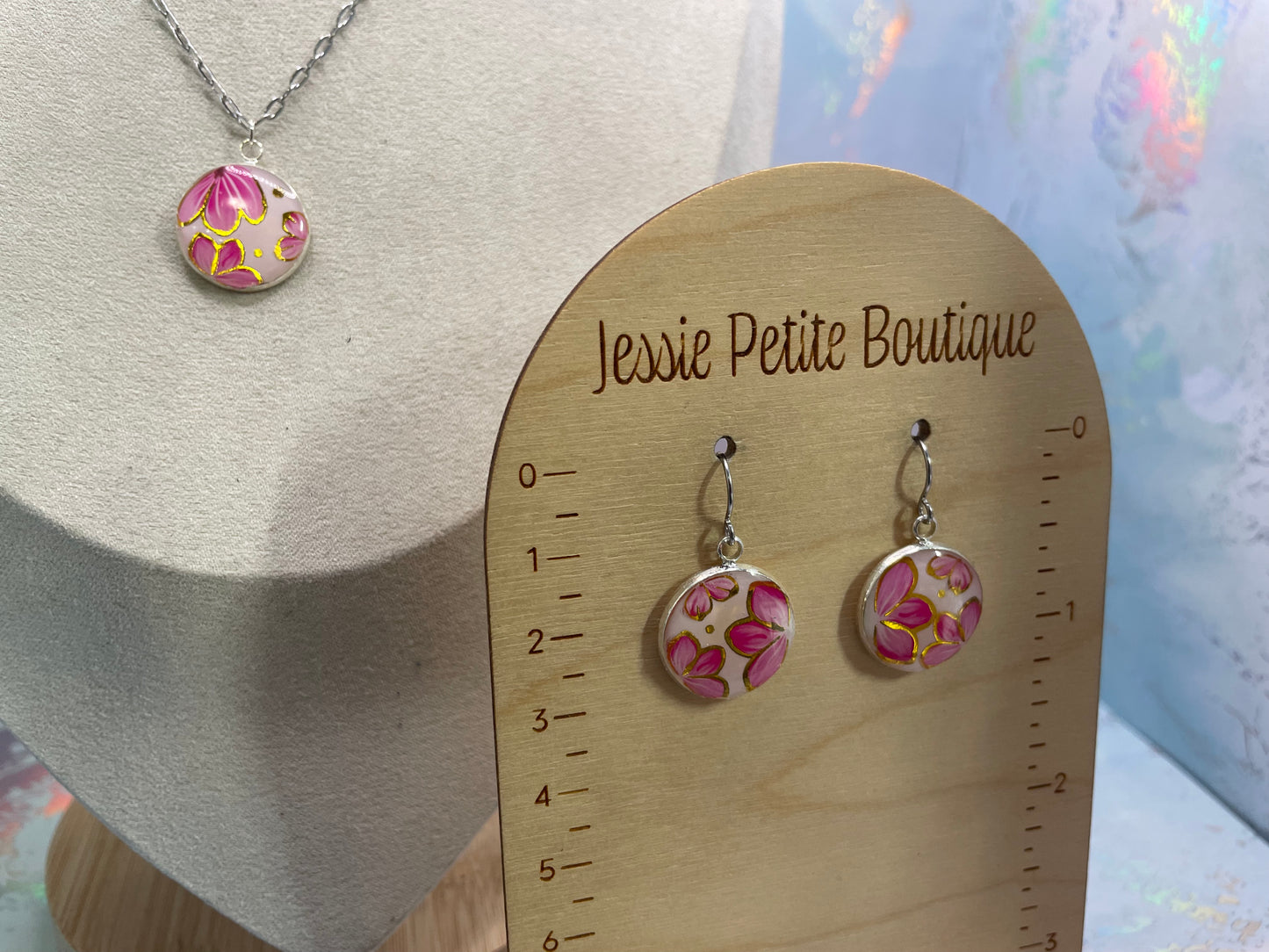 Ensemble bijoux pendentif rond floral rose