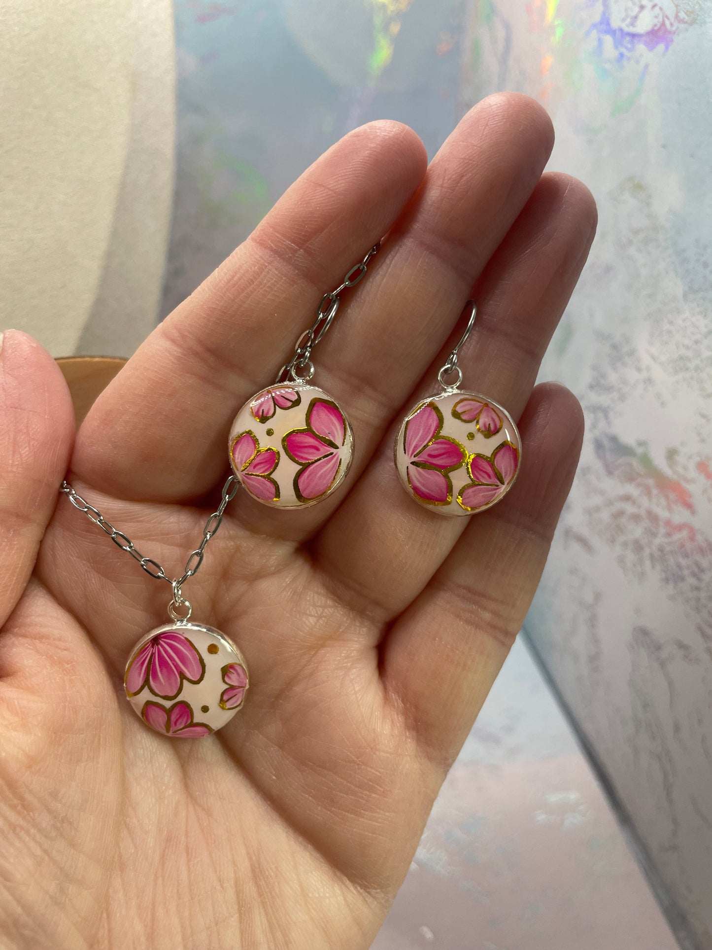 Ensemble bijoux pendentif rond floral rose
