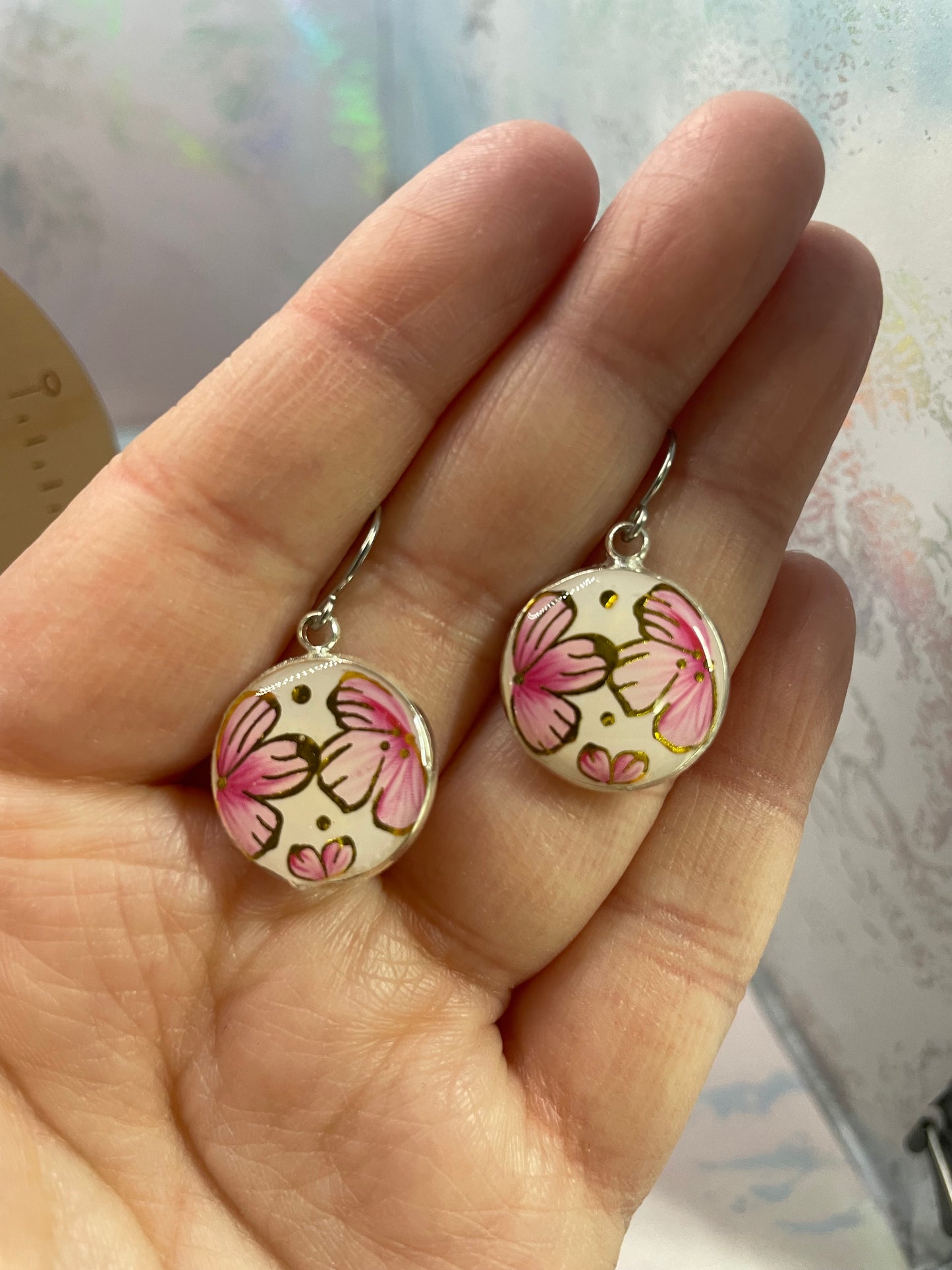 Ensemble bijoux pendentif rond floral rose