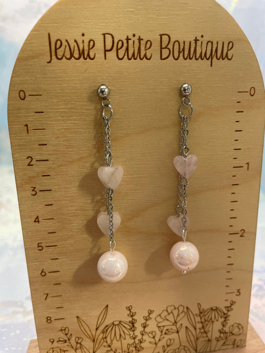 Boucles d’oreilles pendantes cœur rose et perle – Acier inoxydable style romantique