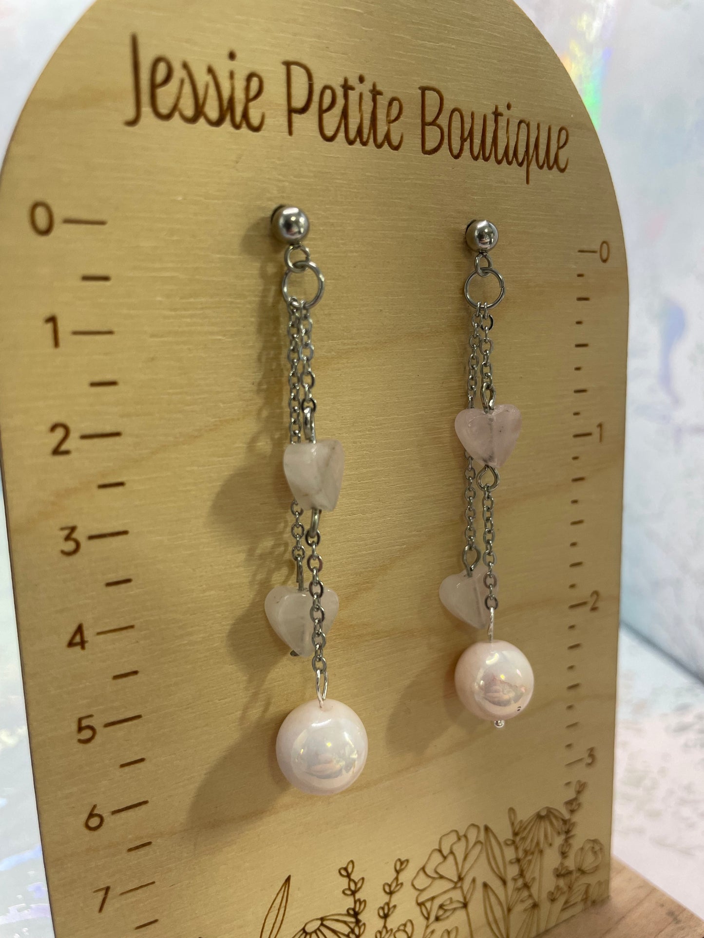 Boucles d’oreilles pendantes cœur rose et perle – Acier inoxydable style romantique