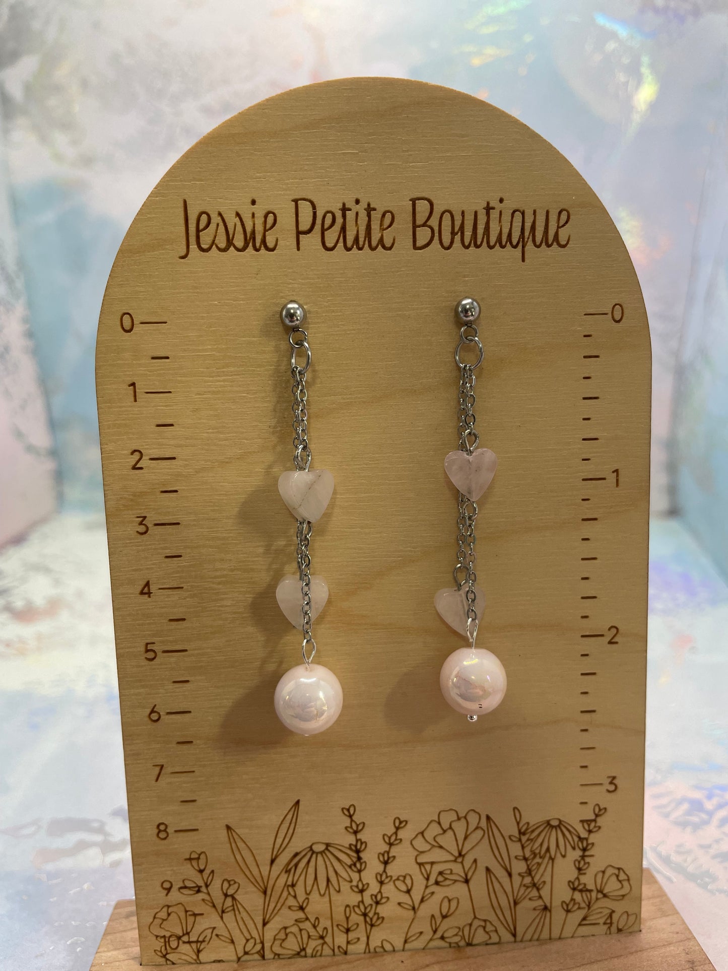Boucles d’oreilles pendantes cœur rose et perle – Acier inoxydable style romantique