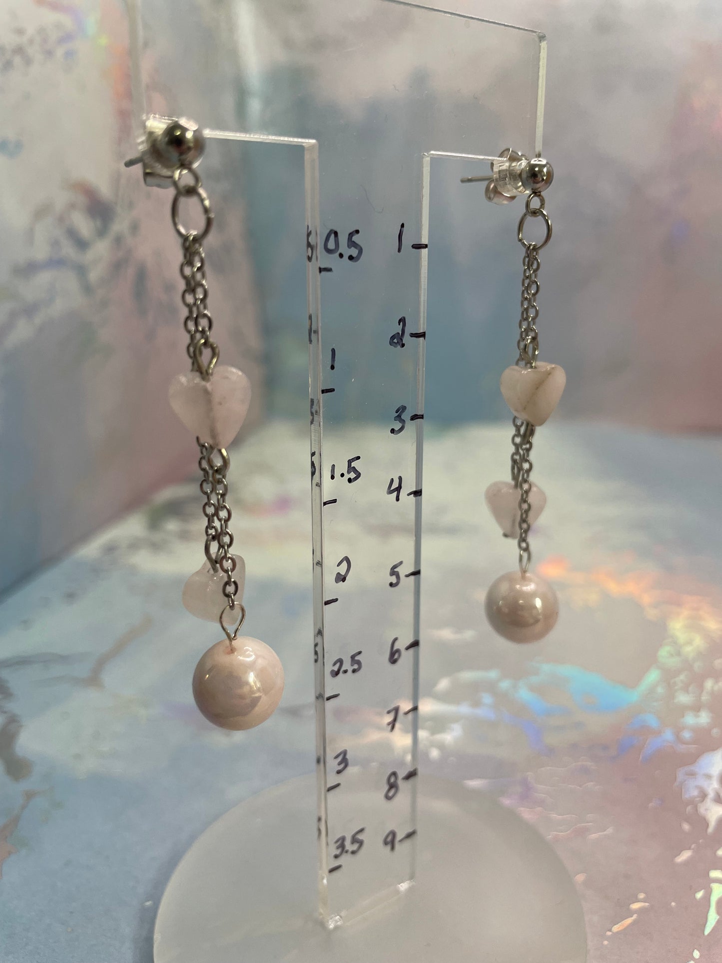 Boucles d’oreilles pendantes cœur rose et perle – Acier inoxydable style romantique
