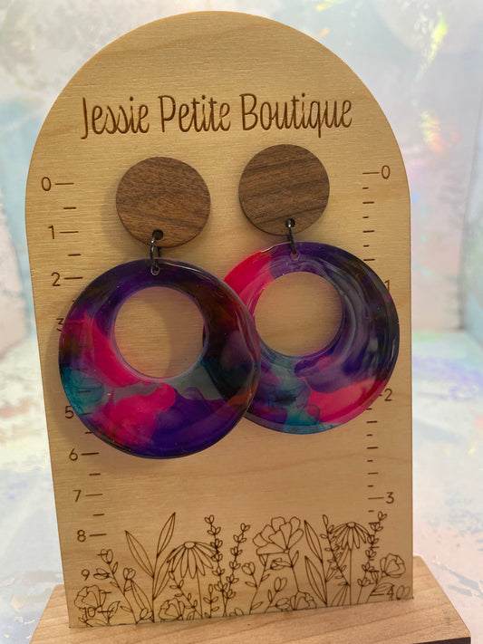 Vibrant Resin Hoop Statement Earrings with Wood Stud – Pink, Purple & Blue