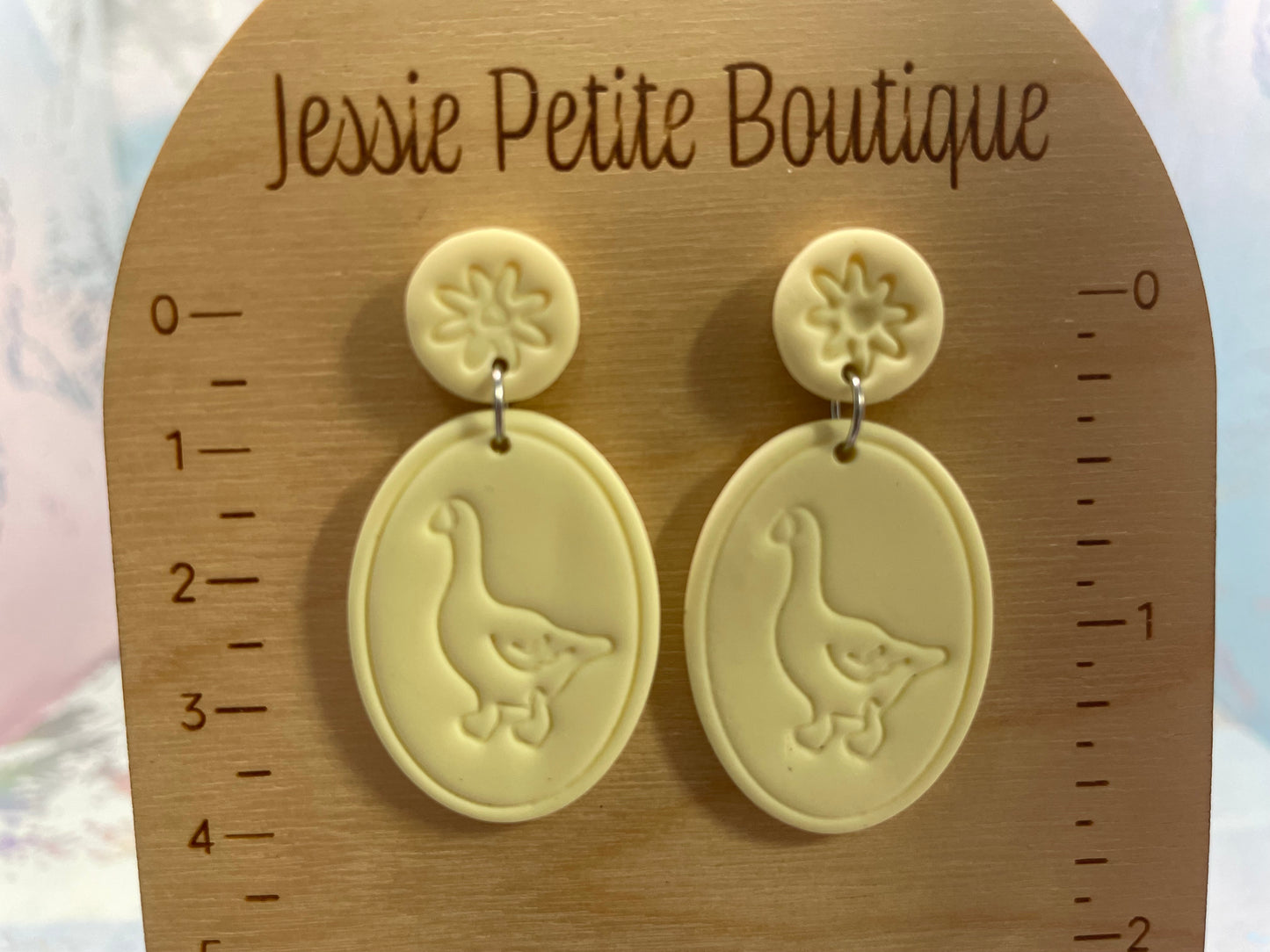 Duck Cameo Oval Polymer Clay Stud Earrings – Vintage Floral Statement Earrings