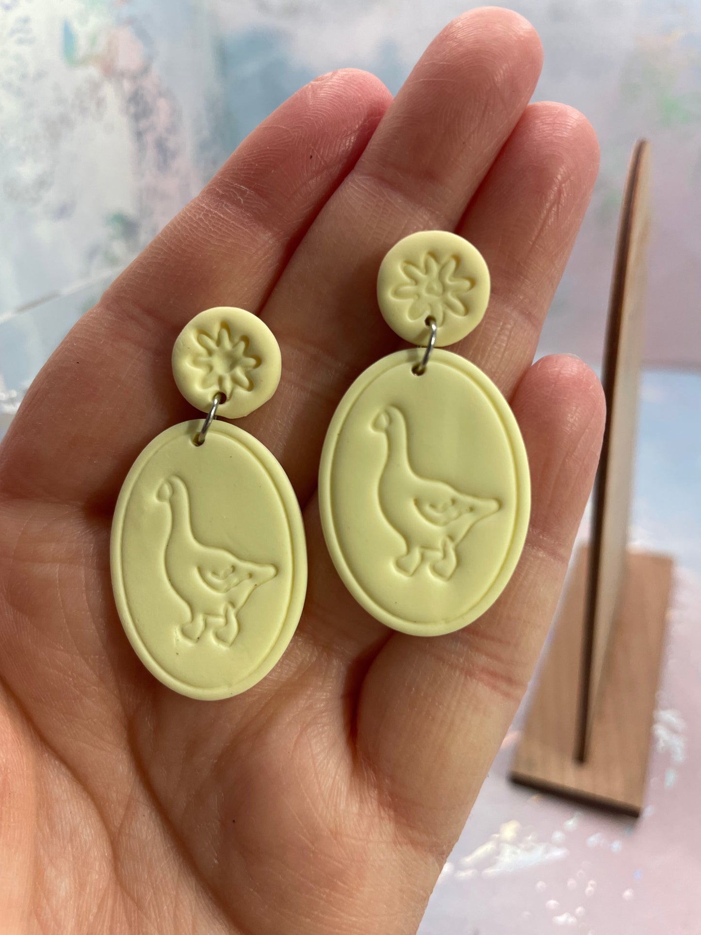 Duck Cameo Oval Polymer Clay Stud Earrings – Vintage Floral Statement Earrings