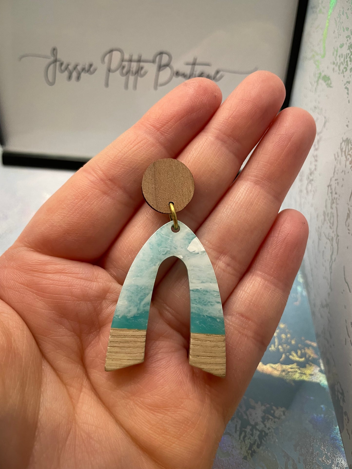 Ocean Acrylic+Wood Stud Earrings - Stainless Steel