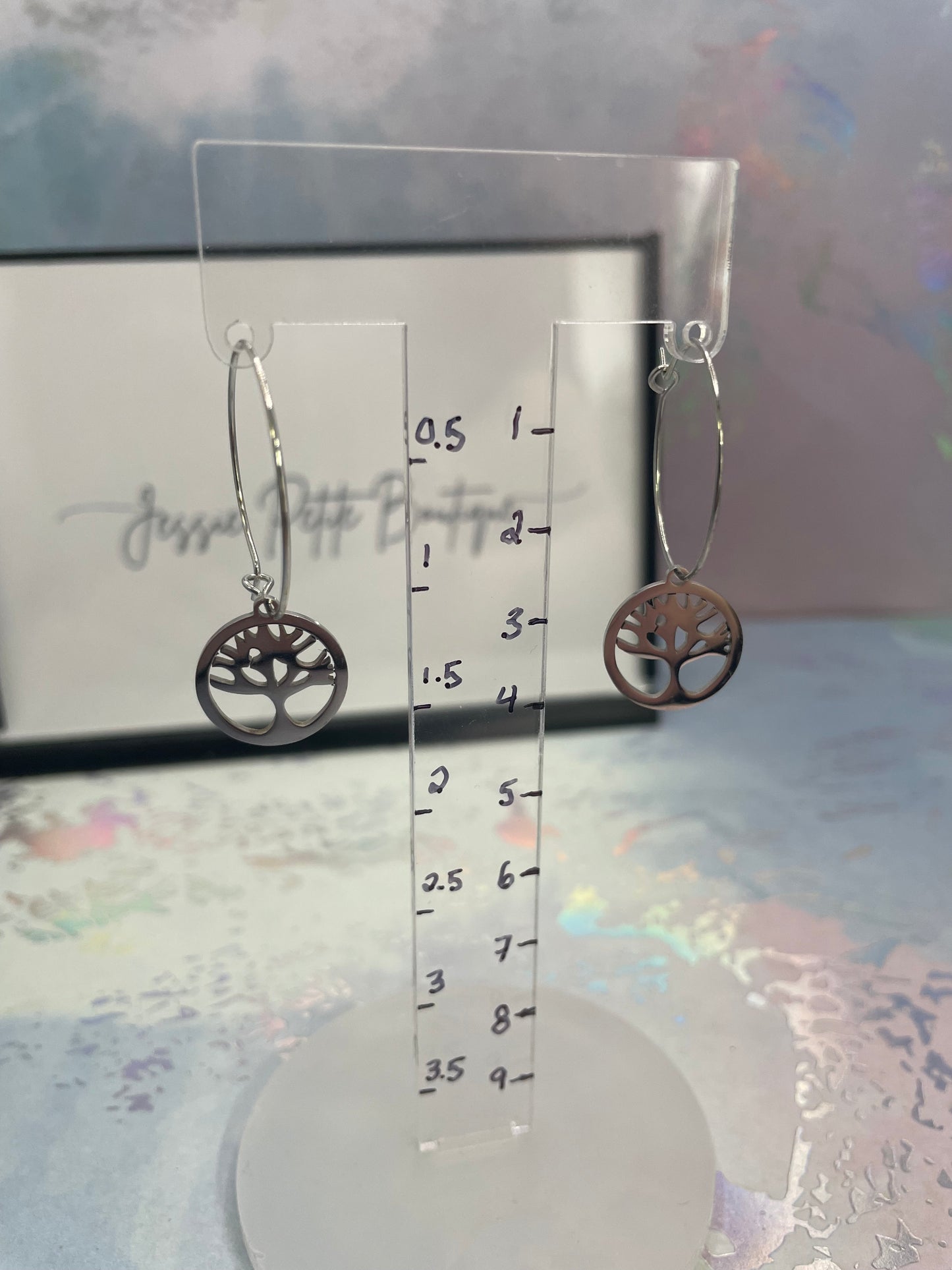 Boucles d’oreilles créoles arbre de vie argent – Acier inoxydable minimaliste