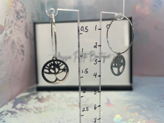 Boucles d’oreilles créoles arbre de vie argent – Acier inoxydable minimaliste