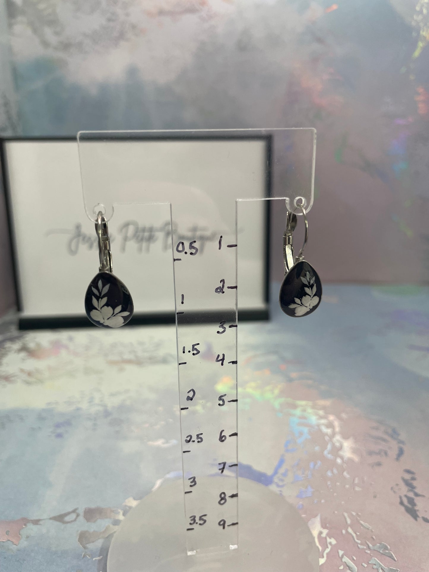 Midnight Blue Floral Teardrop Earrings – White Flower Resin Cabochon Lever Back