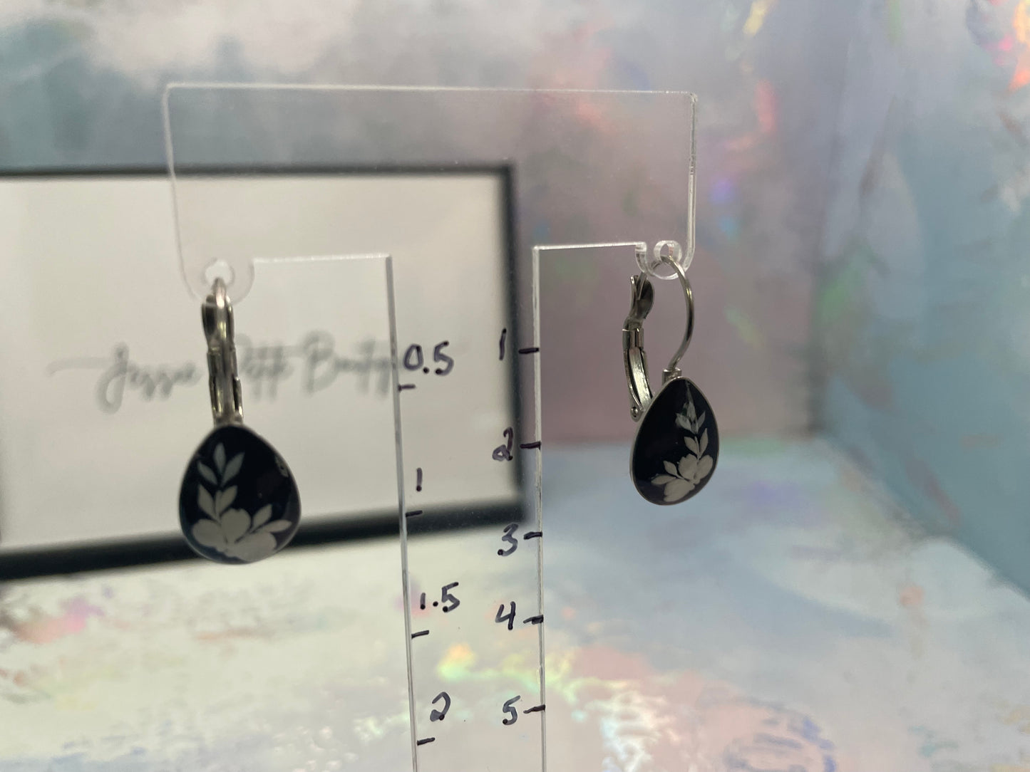 Midnight Blue Floral Teardrop Earrings – White Flower Resin Cabochon Lever Back
