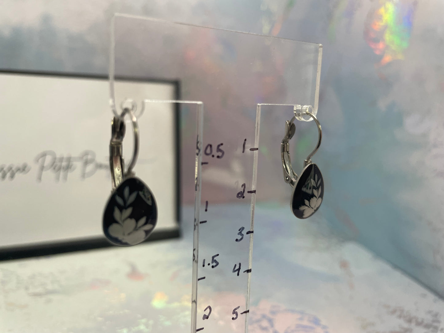 Midnight Blue Floral Teardrop Earrings – White Flower Resin Cabochon Lever Back