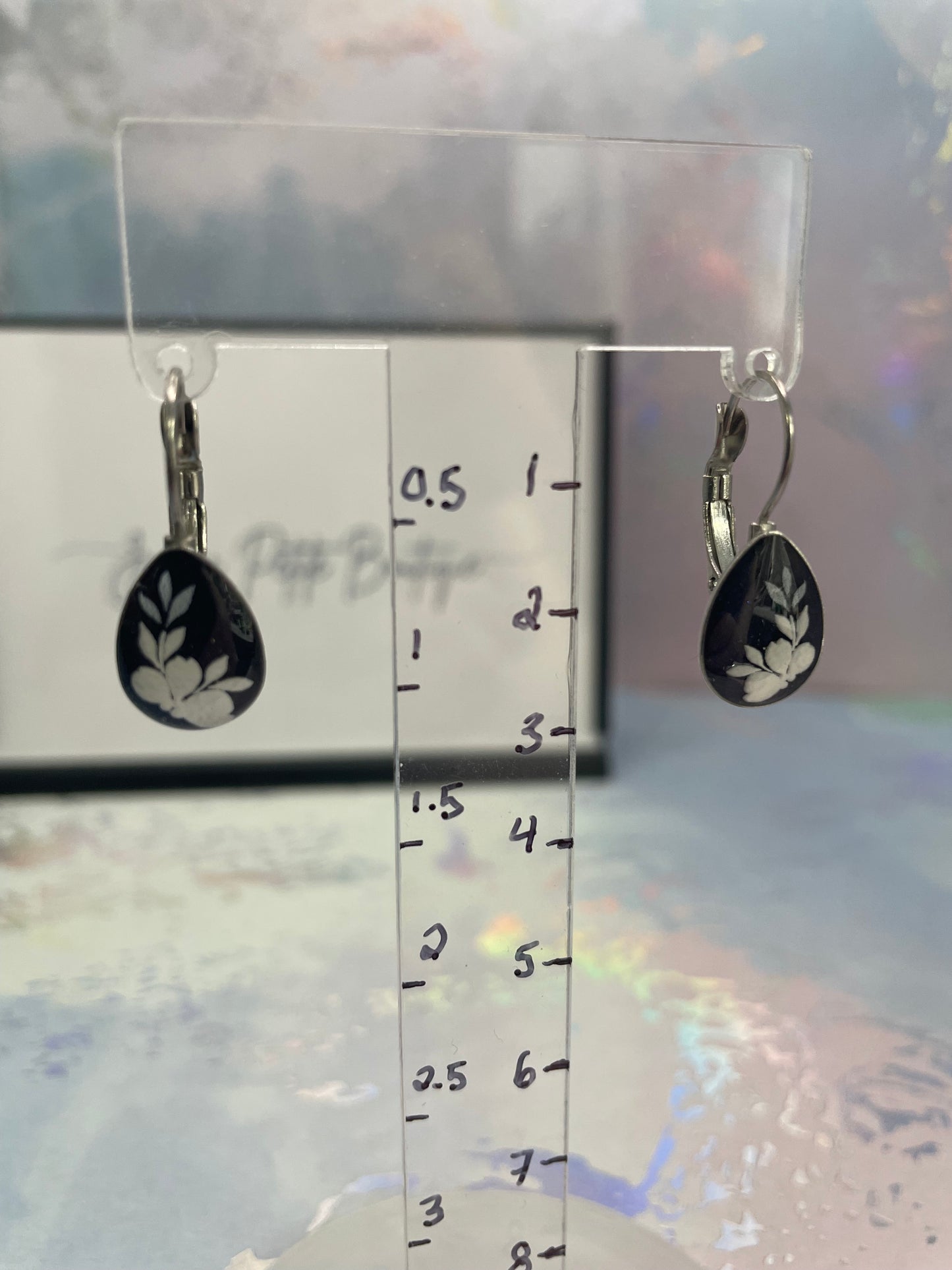 Midnight Blue Floral Teardrop Earrings – White Flower Resin Cabochon Lever Back