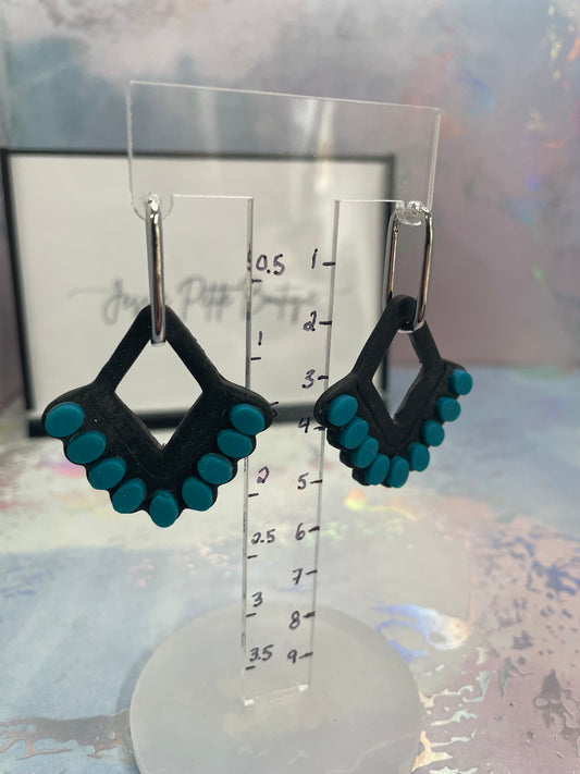 Teal & Black Geometric Hoop Earrings – Polymer Clay Statement Design