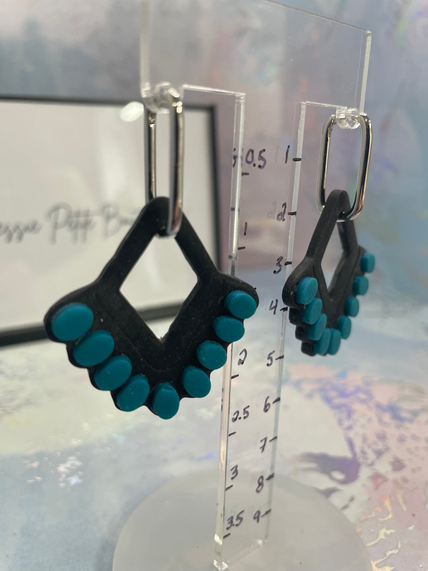 Teal & Black Geometric Hoop Earrings – Polymer Clay Statement Design