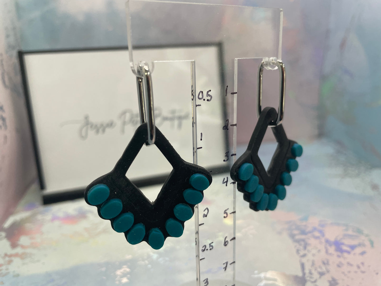 Teal & Black Geometric Hoop Earrings – Polymer Clay Statement Design