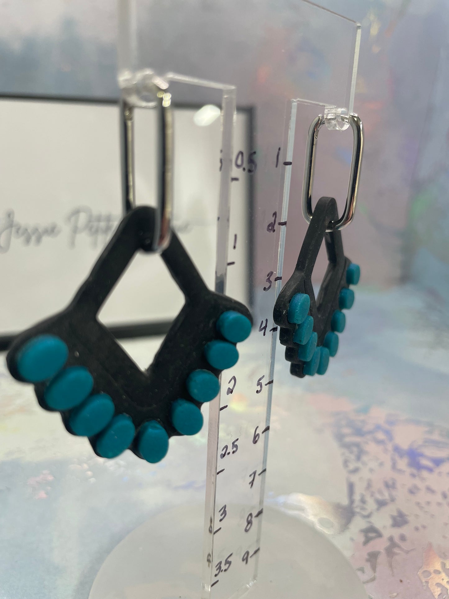 Teal & Black Geometric Hoop Earrings – Polymer Clay Statement Design