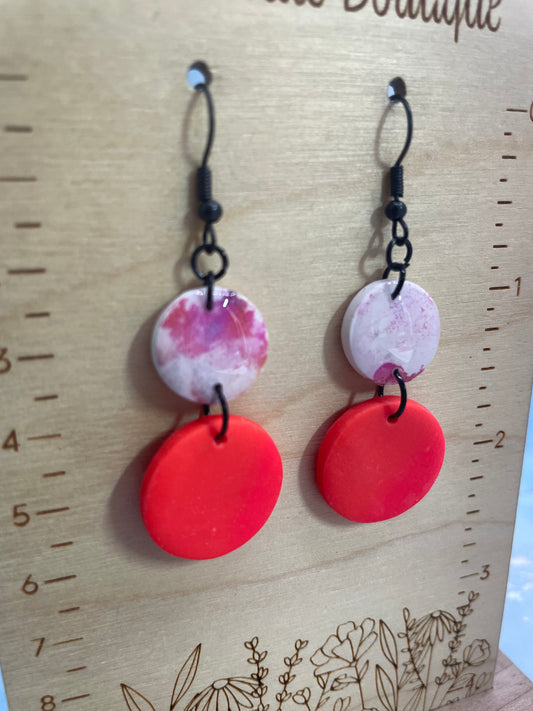 Red Circle Drop Earrings with Pink Abstract Accent