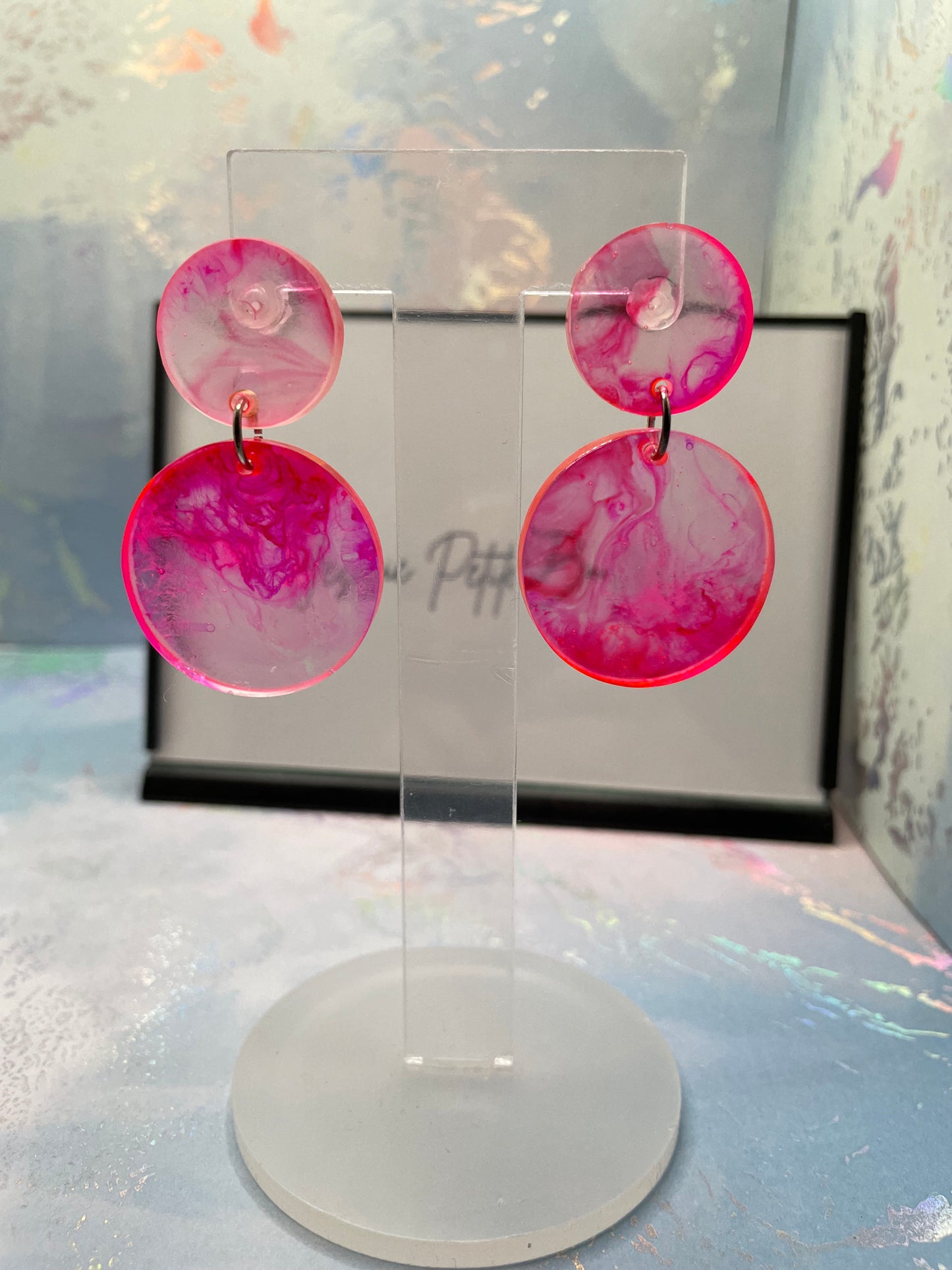 Pink And Clear Resin Circle Earrings -PLASTIC