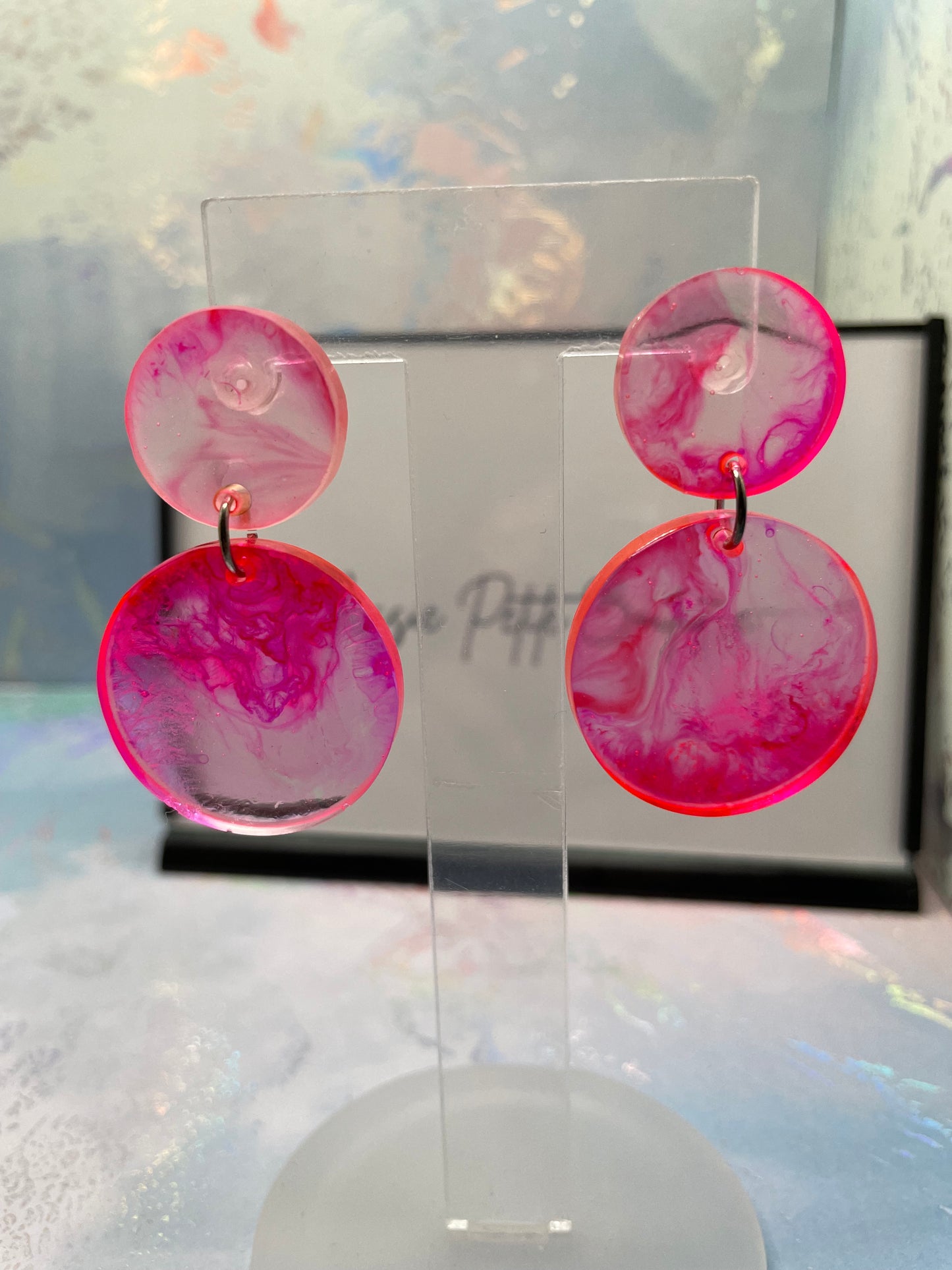 Pink And Clear Resin Circle Earrings -PLASTIC