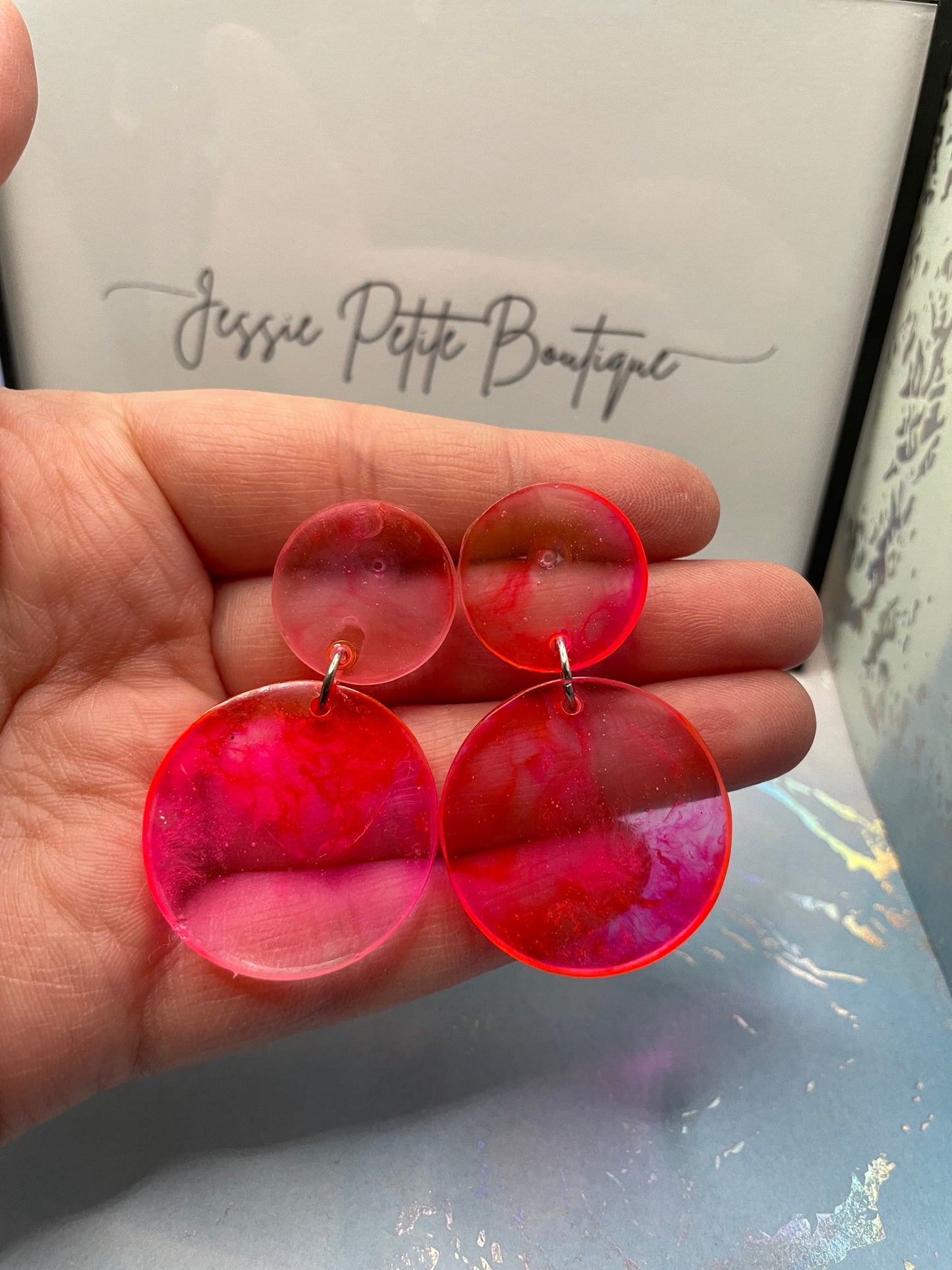 Pink And Clear Resin Circle Earrings -PLASTIC