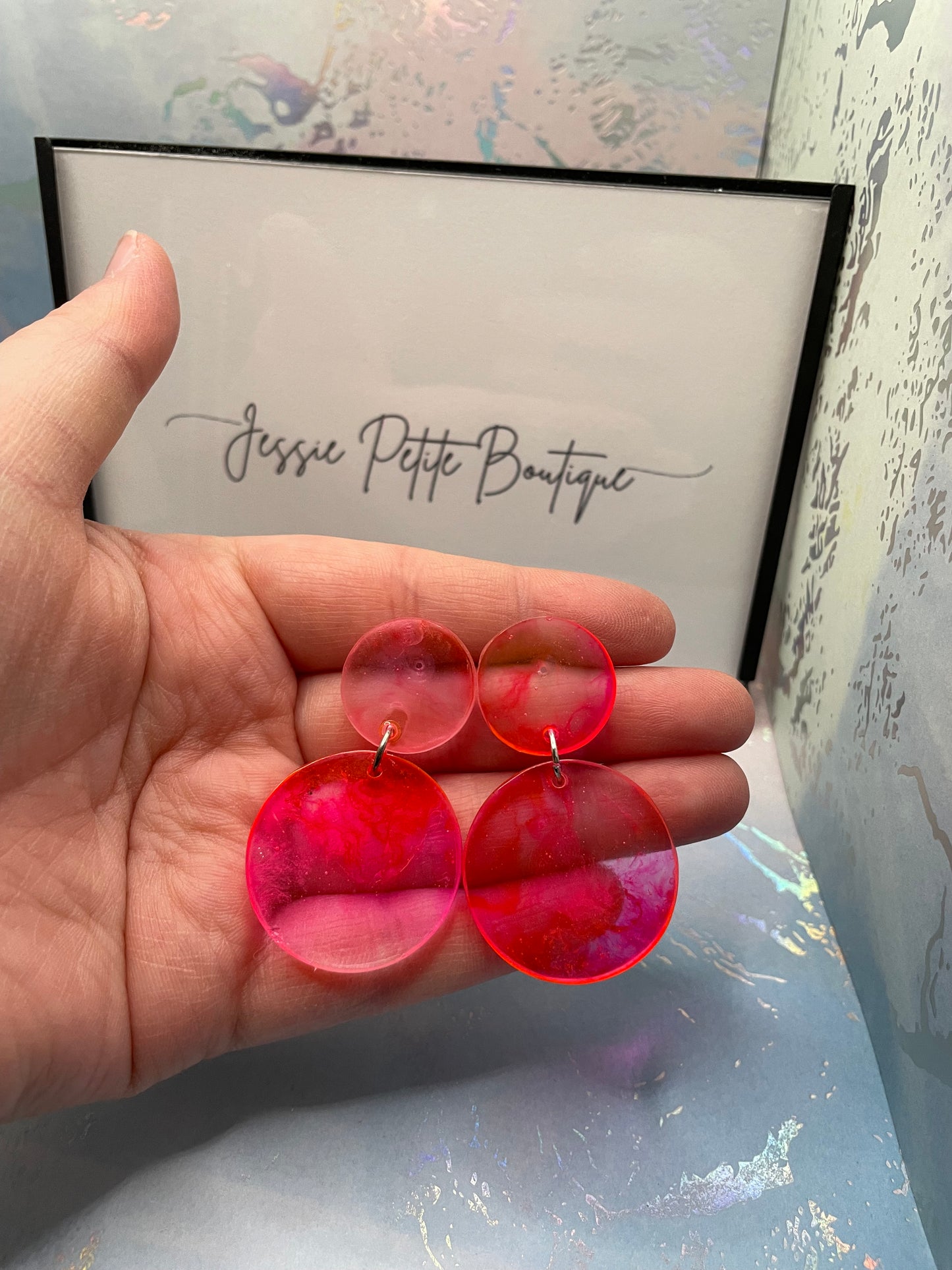 Pink And Clear Resin Circle Earrings -PLASTIC