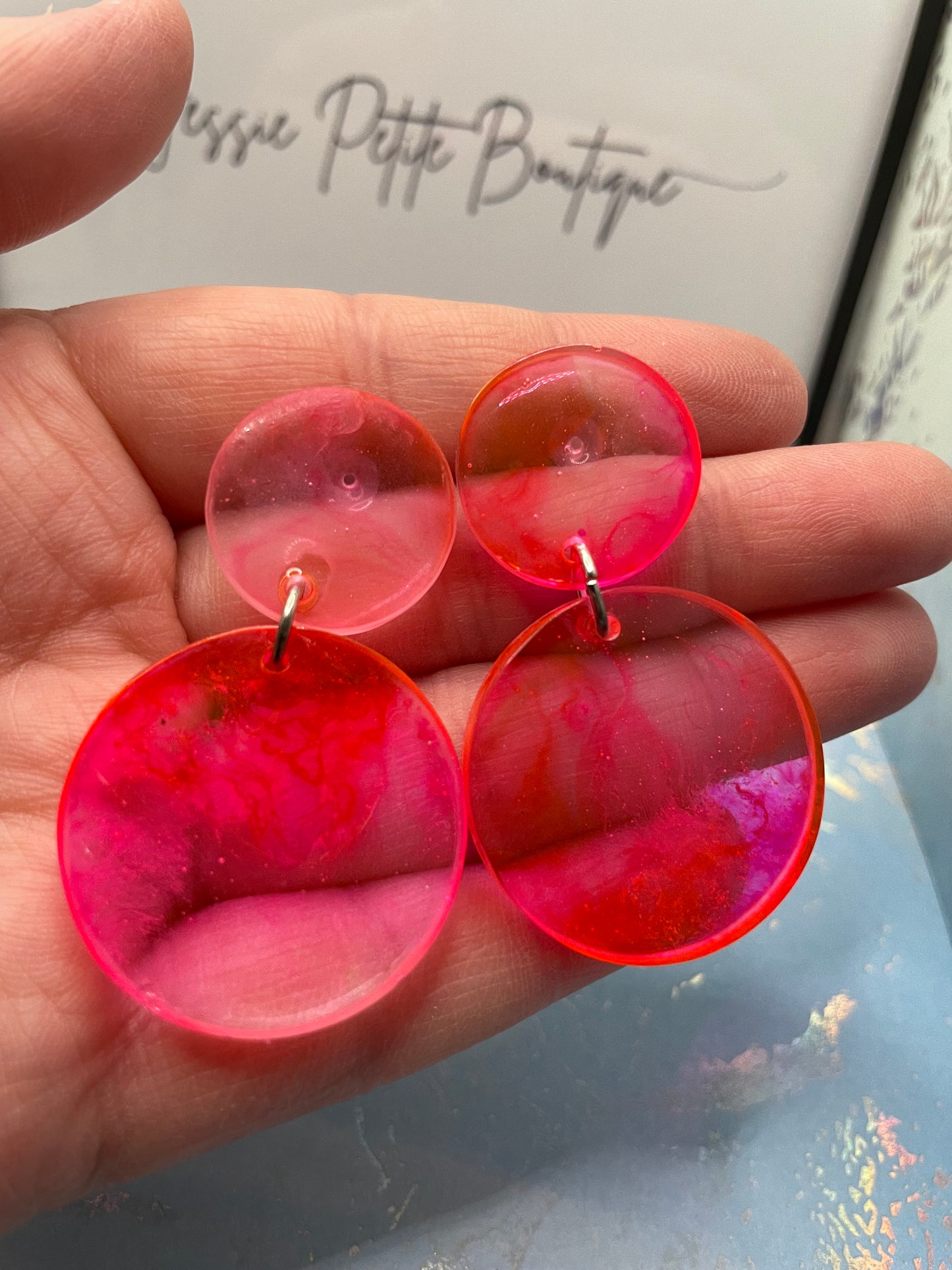 Pink And Clear Resin Circle Earrings -PLASTIC