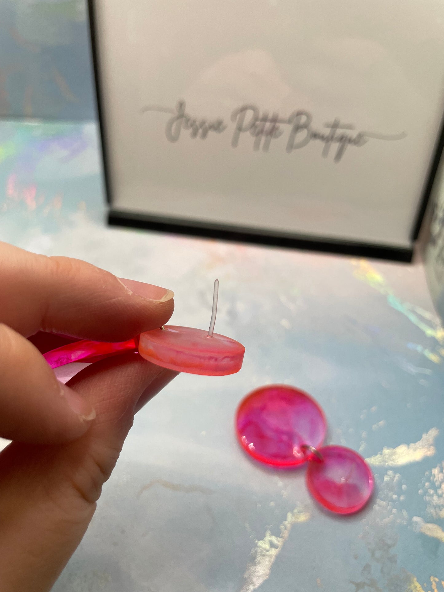 Pink And Clear Resin Circle Earrings -PLASTIC