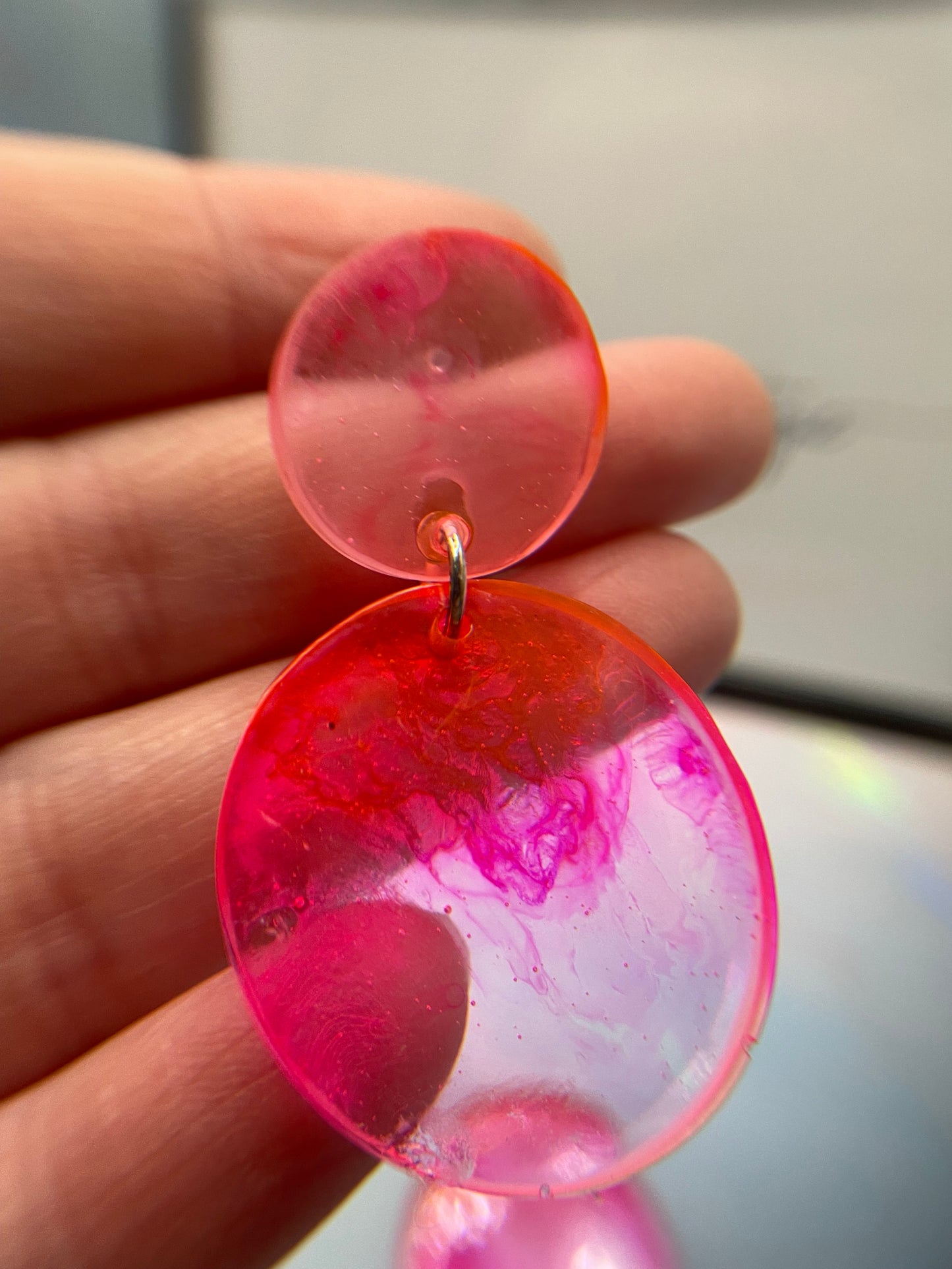 Pink And Clear Resin Circle Earrings -PLASTIC