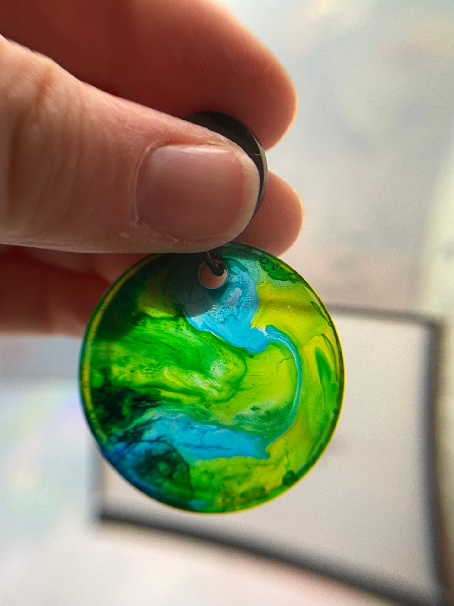 Green and Blue Translucent Round Earrings-NICKEL FREE
