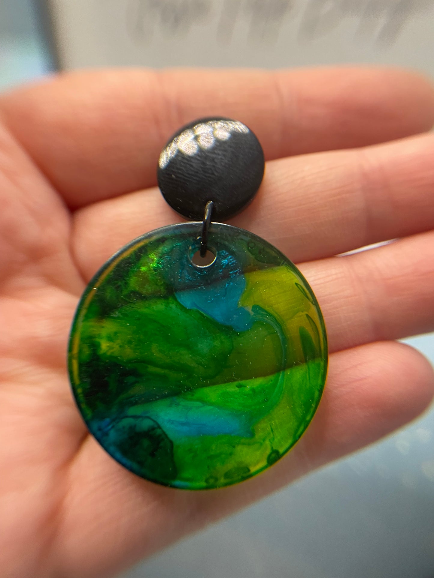 Green and Blue Translucent Round Earrings-NICKEL FREE