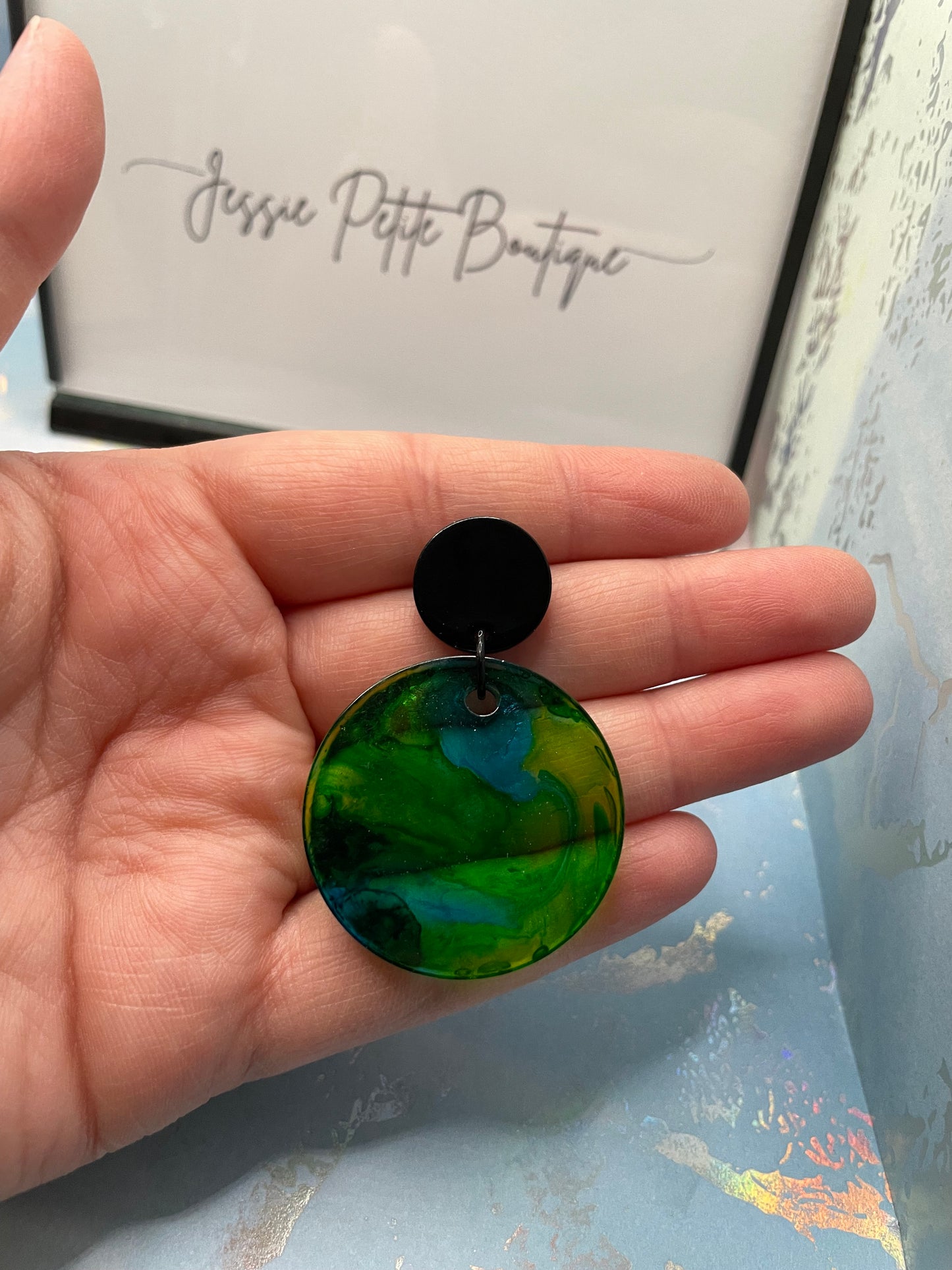 Green and Blue Translucent Round Earrings-NICKEL FREE