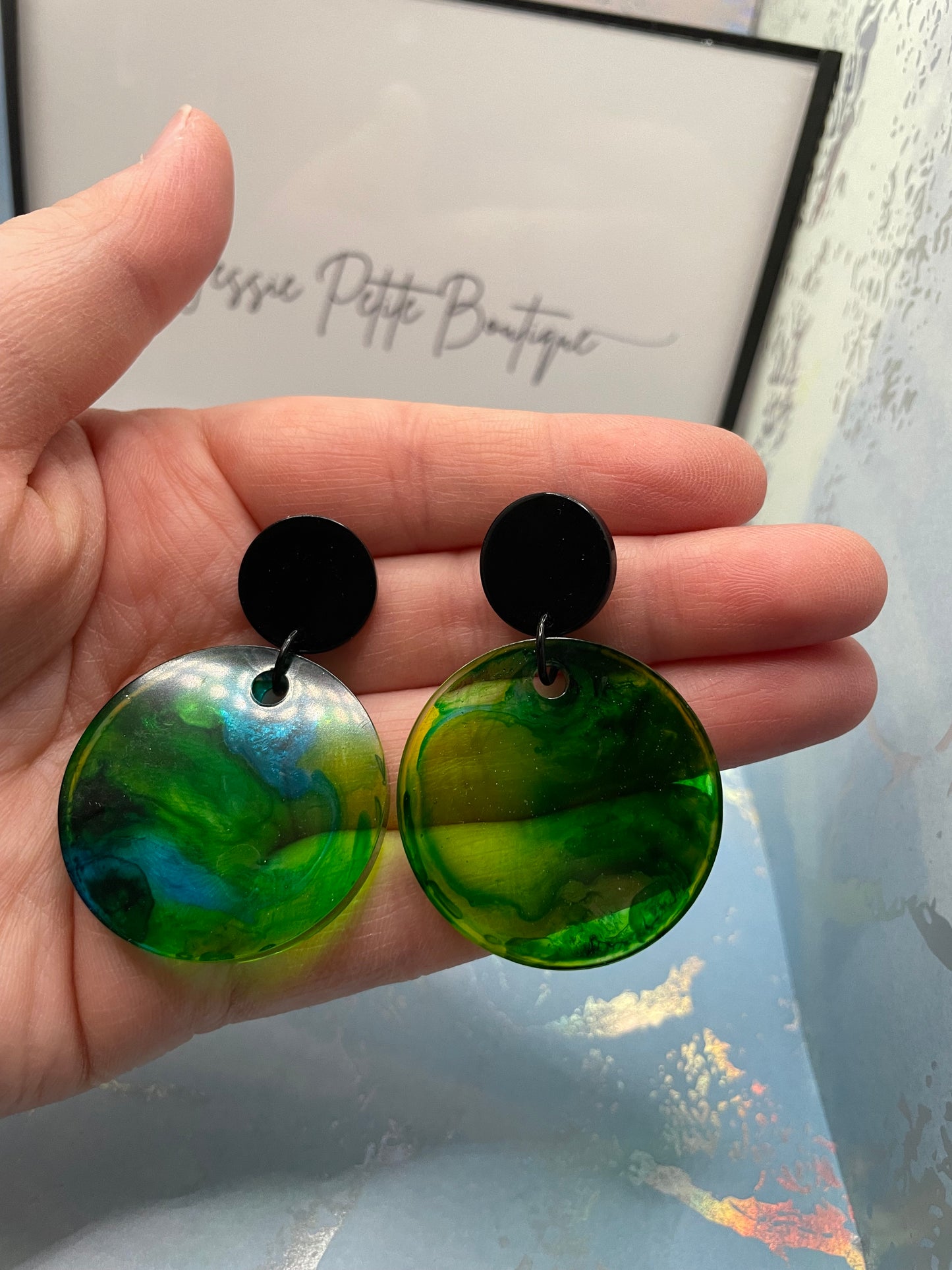 Green and Blue Translucent Round Earrings-NICKEL FREE