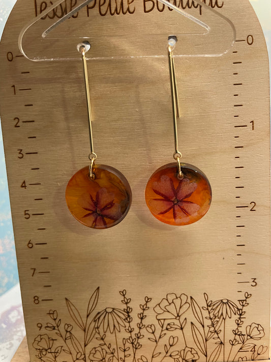 Dried Flower on Orange/Red Resin Round Dangle Earrings -NICKEL FREE