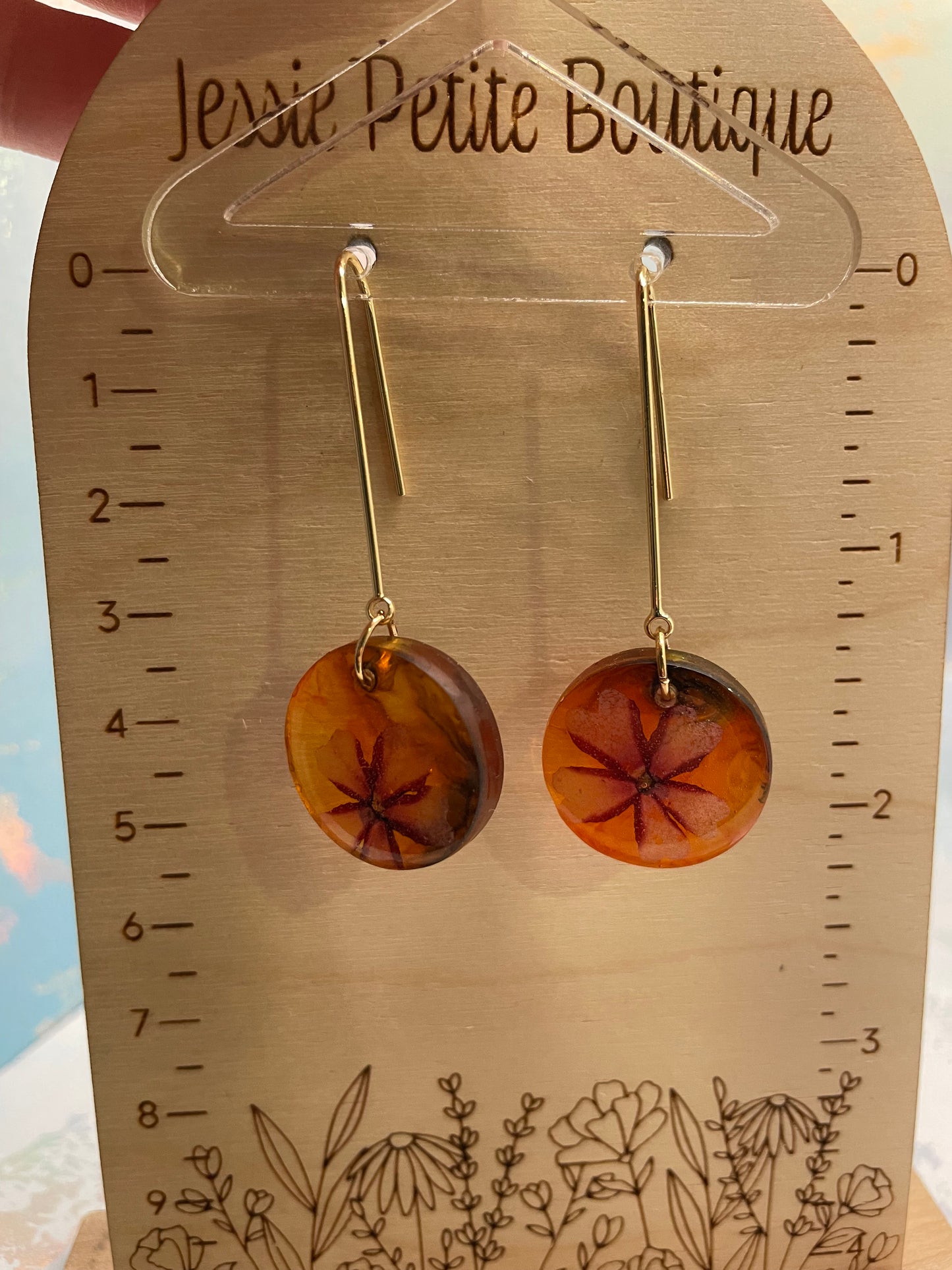 Dried Flower on Orange/Red Resin Round Dangle Earrings -NICKEL FREE